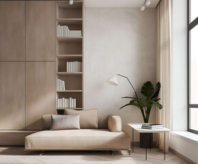 Aesthetic elegant minimalist modern interior design. Clear mock up empty wall for decoration in the apartment. Copy space in the room. Neutral palette of natural colors.