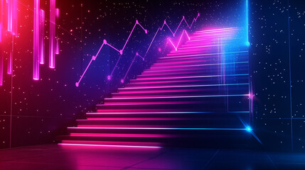 Fototapeta premium A dynamic 3D staircase leading upwards, with neon data points and growth charts representing a company's journey toward business agility and market adaptability. 