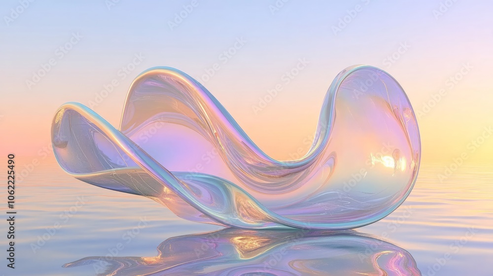 Poster glossy wavy transparent glass ribbon floating on reflective water iridescent with realistic 3d rende