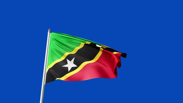 flag of Saint Kitts and Nevis on a blue screen, no background, transparent background, waving in the wind, national symbol, country in north america, tall flagpole, video of a flag	