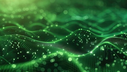 Abstract Green Wavy Surface with Glowing Dots and Bokeh Lights