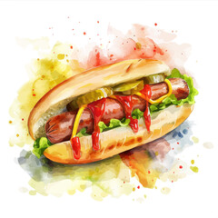 A watercolor vector of Hot Dog, isolated on a white background.