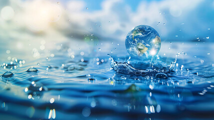 Conceptual image of Earth as a water droplet splashing in a blue ocean, symbolizing environmental conservation and water protection