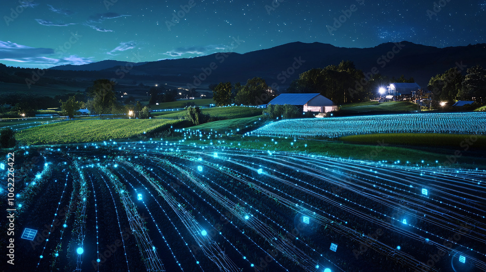 Poster a farm landscape with glowing irrigation systems and real-time data overlays, representing the agili