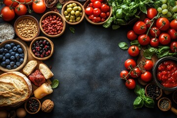 Fototapeta premium Fresh vegetables and fruits arranged on a dark countertop in a rustic kitchen setting