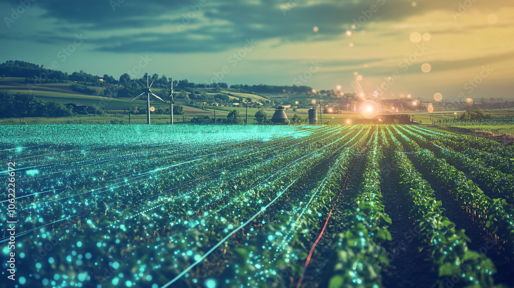 Poster a farm landscape with glowing irrigation systems and real-time data overlays, representing the agili