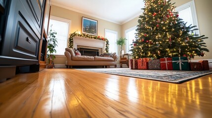 A low angle view of a living room decorated for Christmas, showing a decorated Christmas tree, a couch, and a fireplace.