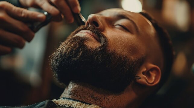 Man with closed eyes during beard trim, highlighting relaxation, grooming services, and barber skills