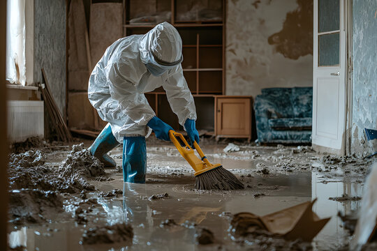 In a professional scene post-flood, a person in protective gear diligently cleans a muddy and debris-filled house, scrubbing the floor with heavy-duty tools to restore cleanliness and order