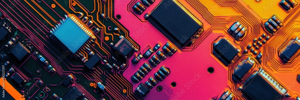 Aufkleber abstract close-up of a colorful circuit board with integrated circuits and traces.
