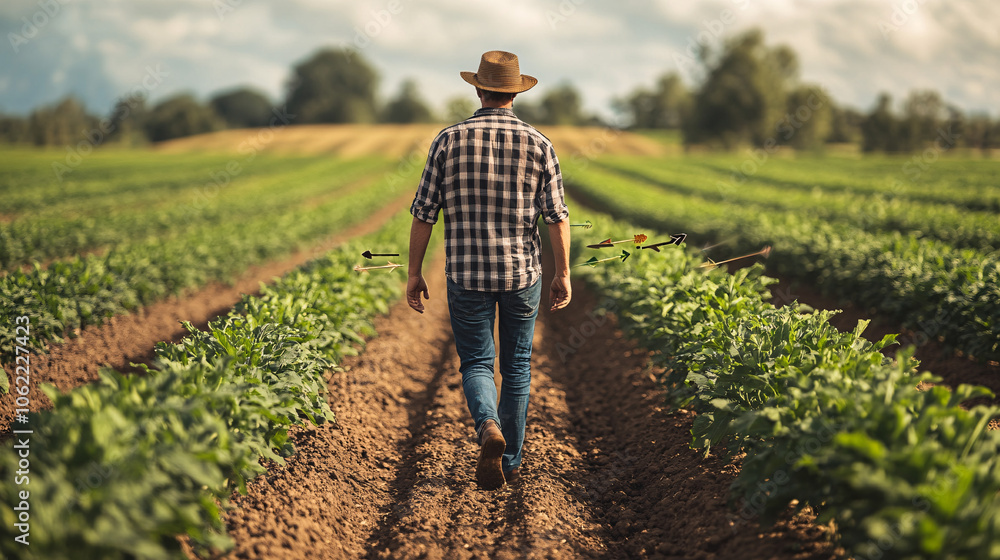 Poster a farmer walking through a field with arrows around him, representing flexibility and quick adjustme