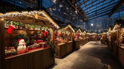 Traditional Christmas market Stalls with sweets, mulled wine, Christmas decorations and gifts decorated with garlands and lights.
