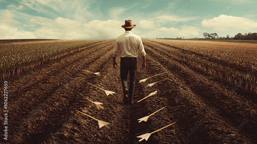 Poster a farmer walking through a field with arrows around him, representing flexibility and quick adjustme