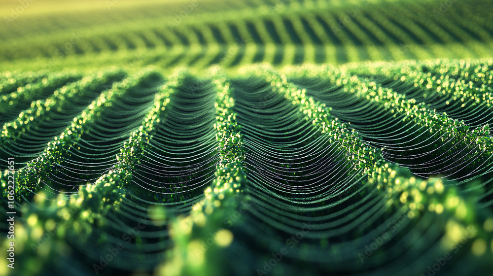Poster a field of crops growing in patterns shaped by digital lines, symbolizing precision farming and agil