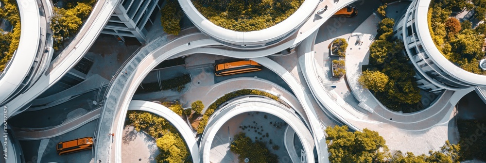 Poster aerial view of a modern, circular building with green spaces and walkways.