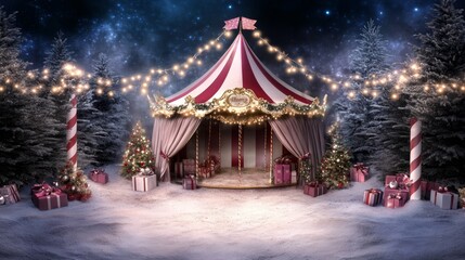 Naklejka premium A fabulous carousel decorated with garlands and lights at the city's Christmas markets. Stalls with sweets, mulled wine, Christmas decorations and gifts,