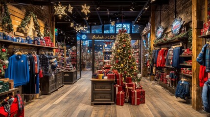 Naklejka premium Traditional Christmas market Stalls with sweets, mulled wine, Christmas decorations and gifts decorated with garlands and lights.