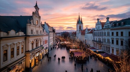 Obraz premium Traditional Christmas market Stalls with sweets, mulled wine, Christmas decorations and gifts decorated with garlands and lights.