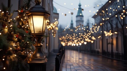 Obraz premium Traditional Christmas market Stalls with sweets, mulled wine, Christmas decorations and gifts decorated with garlands and lights.