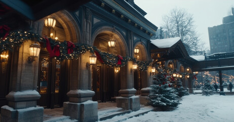 Obraz premium Traditional Christmas market Stalls with sweets, mulled wine, Christmas decorations and gifts decorated with garlands and lights.