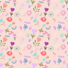 Seamless floral pink pattern with hand drawn flowers. Spring background. Perfect for fabric design, wallpaper, batik, ceramic, shirt, apparel.