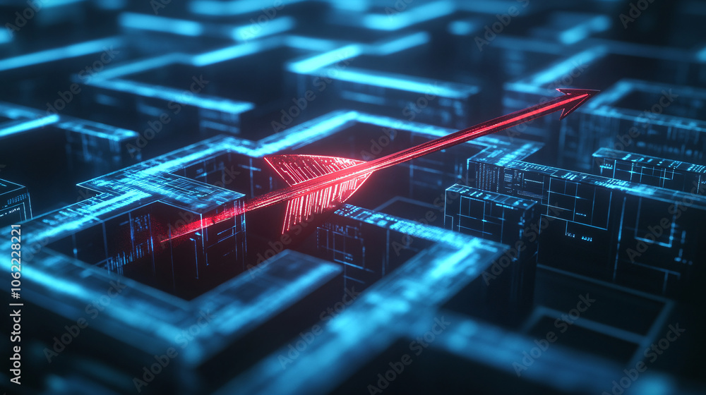 Poster a futuristic arrow darting through a complex data maze, representing a company navigating market cha
