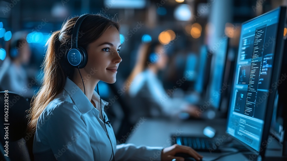 Aufkleber a young woman with headphones is working on a computer in a call center. she is smiling and looking 