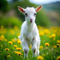 Fototapeta premium white baby goat standing on green grass with yello