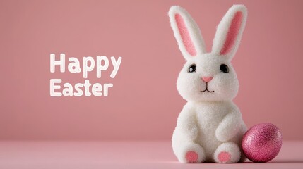 Obraz premium Glittery Happy Easter text with sparkling bunny and egg illustrations against a pastel pink background joyful holiday message 