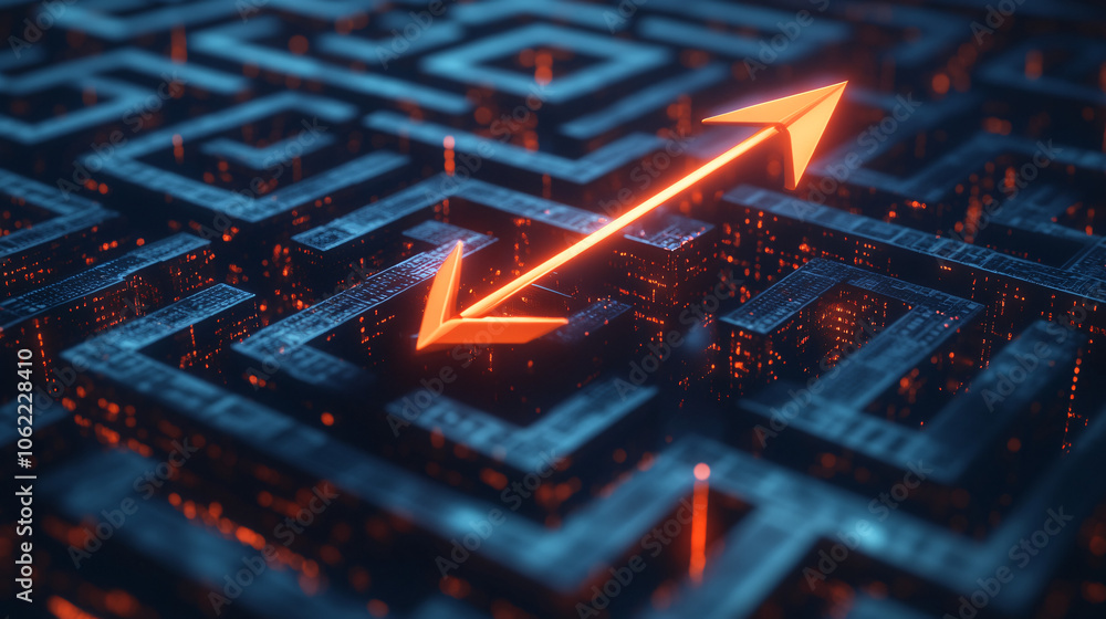 Poster a futuristic arrow darting through a complex data maze, representing a company navigating market cha