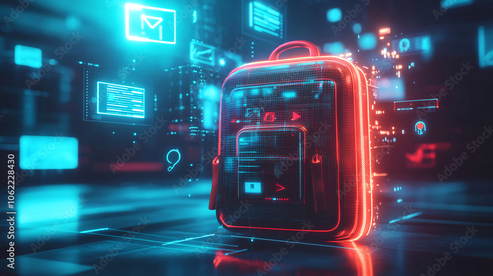 Poster a futuristic backpack icon emitting digital rays, with floating online learning tools, symbolizing e