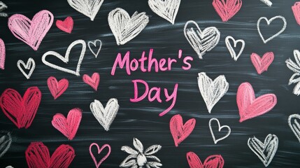 Mother's Day written in pink chalk on a black chalkboard with small hand-drawn hearts and flowers casual and heartfelt 