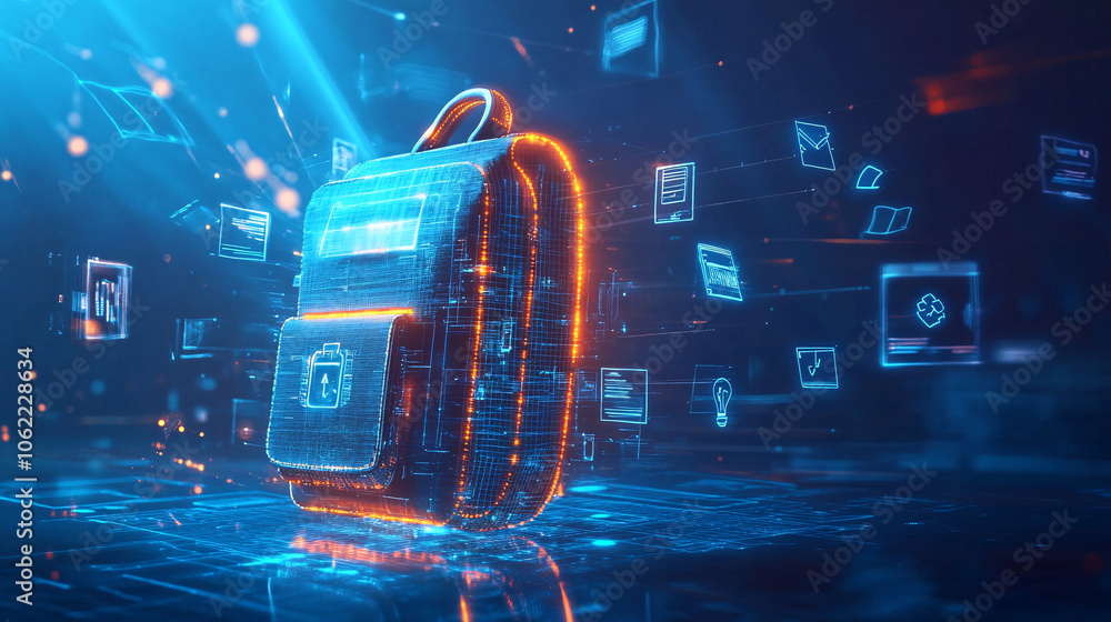 Aufkleber a futuristic backpack icon emitting digital rays, with floating online learning tools, symbolizing e