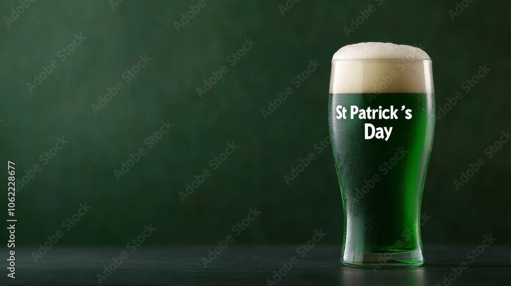 Poster pint of green beer with frothy top and st patrick's day text in vintage style on a dark background i