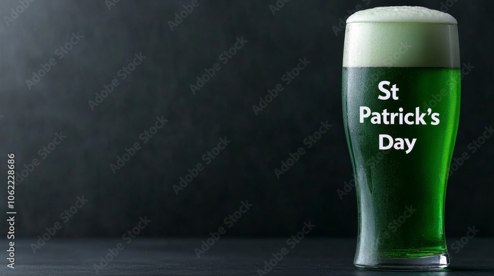Poster pint of green beer with frothy top and st patrick's day text in vintage style on a dark background i