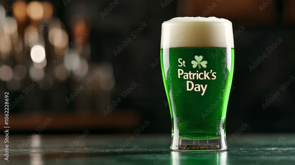 Poster pint of green beer with frothy top and st patrick's day text in vintage style on a dark background i