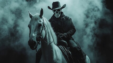 Fototapeta premium A skeletal cowboy rides a white horse through a fog-filled landscape.