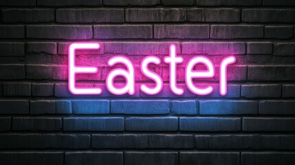 Neon Easter sign in pastel pink and blue glowing against a dark background modern celebration vibe 