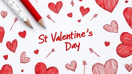 Notebook page with St Valentine's Day written in red ink surrounded by doodles of hearts and arrows isolated on white background 