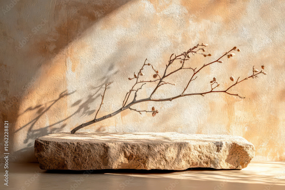 Aufkleber minimalistic natural composition featuring stone and branch, creating serene atmosphere with soft sh