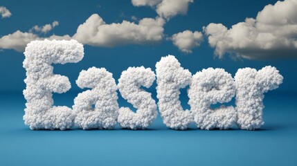Fototapeta premium Soft, fluffy Easter word formed from white clouds against a bright blue sky symbolizing lightness and joy of spring 