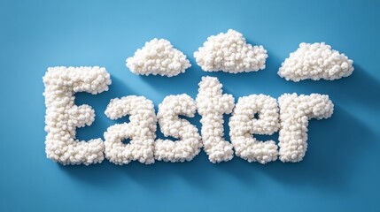 Naklejka premium Soft, fluffy Easter word formed from white clouds against a bright blue sky symbolizing lightness and joy of spring 