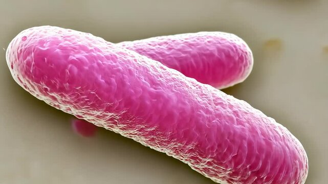 A scanning electron microscope image shows two pink bacteria
