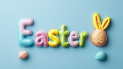 Vibrant 3D Easter text in rainbow colors with cute bunny and egg illustrations around on a sky blue background joyful holiday design 