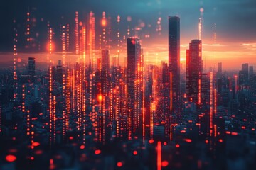 A vibrant city skyline illuminated by digital lights during sunset in an urban setting