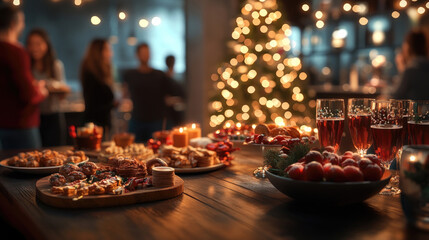 Christmas holiday party with people gathered around a decorated table with festive snacks, drinks, and Christmas tree