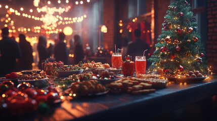 Christmas holiday party with people gathered around a decorated table with festive snacks, drinks, and Christmas tree