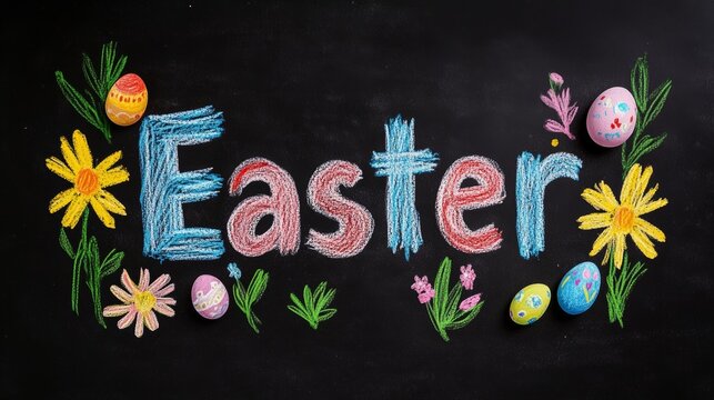 Whimsical Easter word written in pastel chalk on a black chalkboard background with small doodles of eggs and flowers school holiday theme 