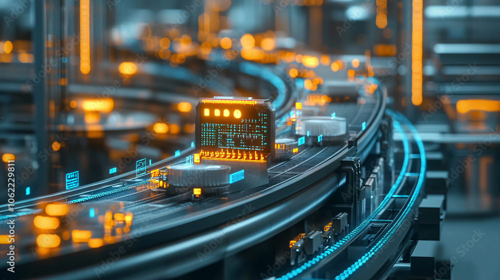 Poster a futuristic conveyor belt with various products and data points, symbolizing the flexibility of pro