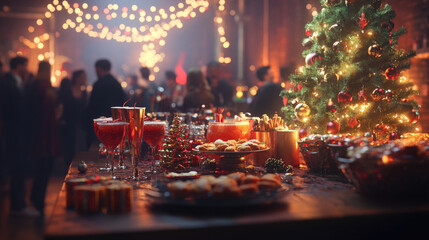 Christmas holiday party with people gathered around a decorated table with festive snacks, drinks, and Christmas tree